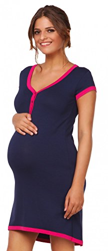 HAPPY MAMA. Damen Umstands-Nachthemd mit Stillfunktion. Stillshirt Kurzarm. 981p (Marine, 36-38, M)