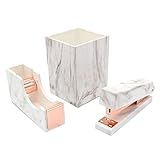 3 Pack Office Stationery Kit Marble Print Desk Pen Holder Cup | Tape Dispenser | Desktop Staplers Rose Gold Tone Office School Home Accessories Supplies Set (Rose Gold)