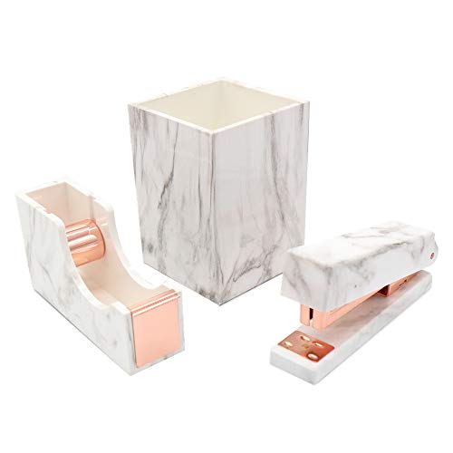 3 Pack Office Stationery Kit Marble Print Desk Pen Holder Cup | Tape Dispenser | Desktop Staplers Rose Gold Tone Office School Home Accessories Supplies Set (Rose Gold)