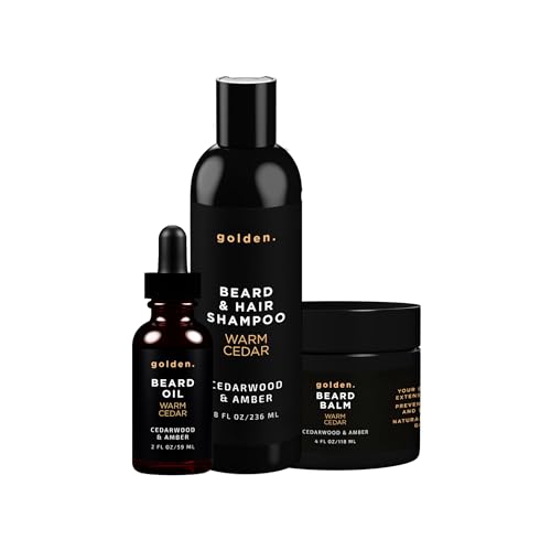 Image of Golden Grooming Beard Bundle XL (Double Size Value Kit) 8oz Shampoo, 4oz Balm, 2oz Oil - Warm Cedar