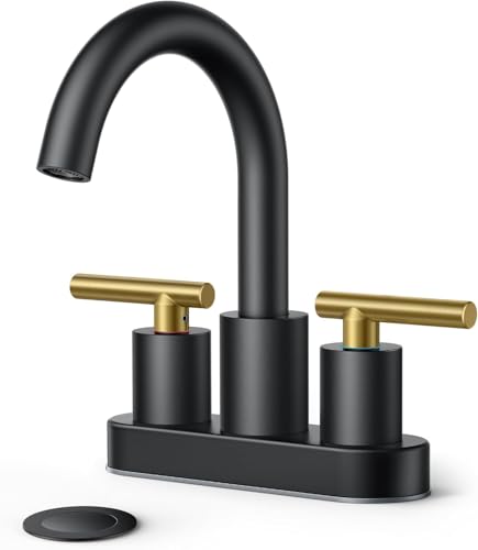 Image of FORIOUS 4 in Black and Gold Bathroom Faucet Centerset, 2 Handle Matte Black Swivel Faucet for Bathroom Sink 2 or 3 Hole with Pop up Drain and cUPC Supply Hose, Suitable for Vanity RV Restroom