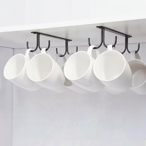 Image of Under Cabinet Mug Rack - 8 Hook Coffee Cup Holder, Under Shelf Hanging Mug Organizer for Kitchen, Bar & Utensils, Space Saving Metal Rack (Black)