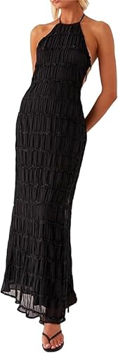 Image of Women Halter Ruched Maxi Dress Backless Sleeveless Long Dress Bodycon See Througn Pleated Sundress Beachwear