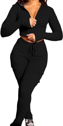 Molisry Women's 2 Piece Outfits Sweat Sets Hoodie Full Zip Up Long Sleeve Cropped Top Drawstring Cargo Pants Workout