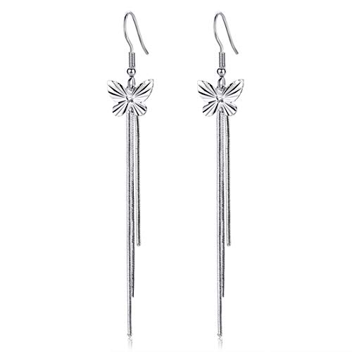 Pendientes largos de plata de ley 925 con diseño de mariposas y borla en 3D de la marca Mrs. Swan