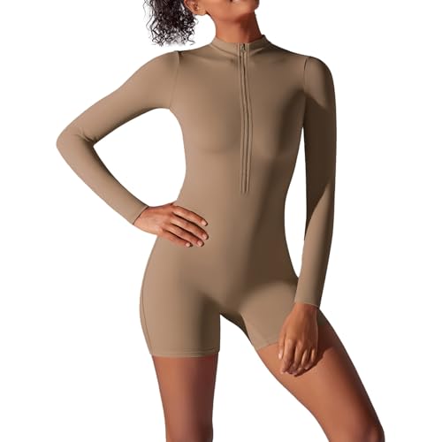 Jumpsuits para mujer con cremallera mono deportivo collar abierto bodycon chándal elástico peto de manga larga pelele bodycon pantalones de tirantes ajustados de una pieza, café, S