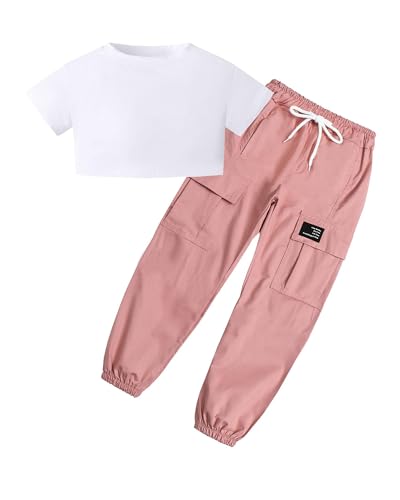 Image of SANGTREE Girls Fall Winter Clothing Sets, Girls Long Sleeve Crop Top and Cargo Jogger Pants Outfit Set,4T-14 Years