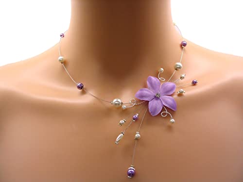 collier mariage parme, collier fantaisie fleur satin et perles nacrées (blanc/parme)