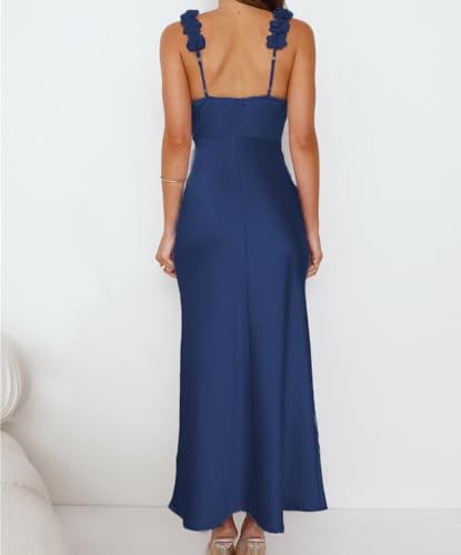 Image of Phicia Summer Satin Spaghetti Strap V Neck Midi Dresses for Women Wedding Guest Elegant Flower Backless Cocktail Formal Dress