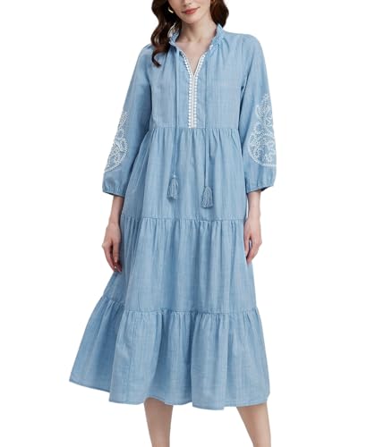 D-Sun Embroidered Maxi Dress for Women Casual Cotton 3/4 Sleeve