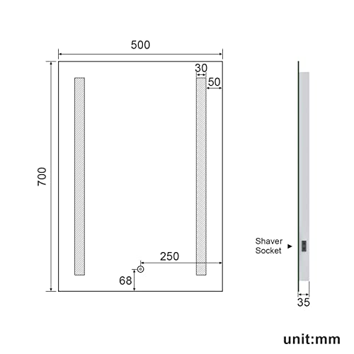 ELEGANT 500 x 700mm LED Illuminated Bathroom Mirror with Shaver Socket Demister Pad Wall Mounted Vanity Mirror with 3 Colors Dimmable Light, Touch Sensor, Memory Function, IP44 - Cosy Home Interiors ELEGANT 500 x 700mm LED Illuminated Bathroom Mirror with Shaver Socket Demister Pad Wall Mounted Vanity Mirror with 3 Colors Dimmable Light, Touch Sensor, Memory Function, IP44 - Image 7