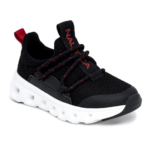 Nautica Boys Running Sneakers – Lightweight Slip-On Athletic Shoes with Bungee Laces and Cloud-Like Sole for Little Kid - Mogan Toddler-Black Red Size-10 - image 1