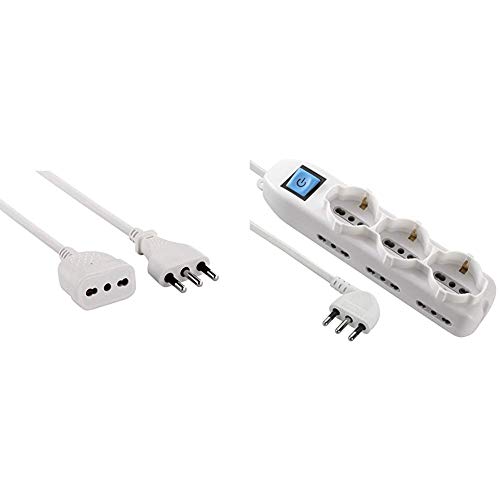 Electraline 46124 Prolunga 5 Mt Spina e Presa Bivalente 10/16A, Bianco - Sezione Cavo 3G1 Mm² & 62002 Multipresa 9 Posti 3 Polivalenti Schuko +10/16A + 6 Bivalenti 10/16A-Cavo, Bianco, 1,5 M