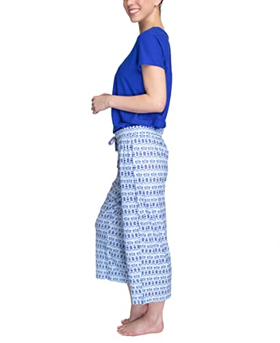 Muk Luks Women's Seabreeze Short Sleeve Top And Capri Cloud Knit Set, Ocean Blue/Moody Ikat, Large #TOP2