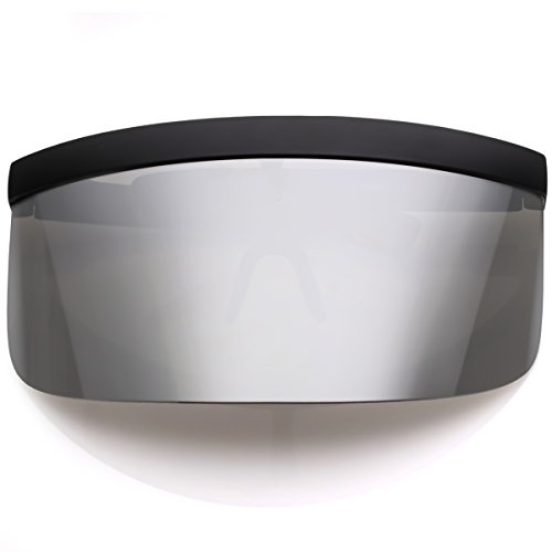 sunglassLA - Futuristic Oversize Shield Visor Sunglasses Flat Top Mirrored Mono Lens 172mm (Silver Mirror)