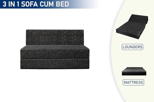 Image of Foldable 1 Seater Sofa Cum Bed, Sofa Bed 3 X 6 Feet, Jute Fabric- Washable Cover- Including One Cushion Perfect for Home & Office - Black Color