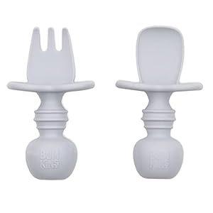Bumkins Utensils, Silicone Chewtensils, Baby Fork and Spoon Set, Training Utensils, Baby Led Weaning Stage 1 for Ages 6 Months+ in Gray 2 Count (Pack of 1)