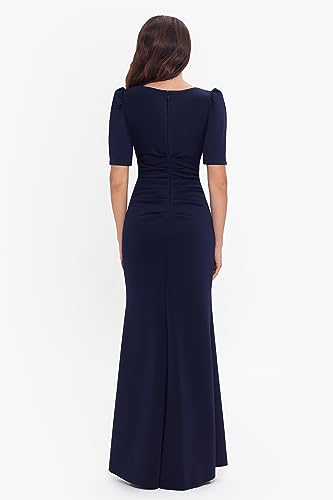 Image of Xscape Women's Long Boat Neck Bodycon Evening Gown with 3 /4 Sleeves, Side Ruching, & Cascading Ruffle