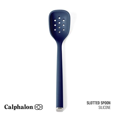 Image of Calphalon Edge Silicone Slotted Spoon /Skimmer, Flexible Heat-Resistant Kitchen Strainer Spoon for Cooking, Frying, Skimming & Serving, Nonstick Safe, Navy Blue