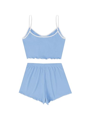 Image of Hilinker Womens Graphic Print Ribbed PJ Set Crop Cami Tops and Shorts Cute Pajamas Set
