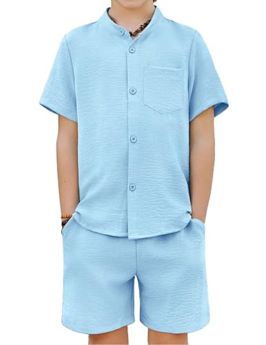 Arshiner Toddler Boy 2 Pieces Outfits Summer Clothes Kids Textured Short Sleeve Button Down Shirt & Shorts Set Light Blue 7-8 Years