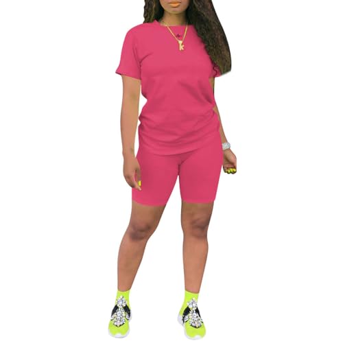 PINSV Women'S 2 Piece Outfits Summer Printing Bodycon Short Pants Workout Sets Two Tracksuit Tshirt Shorts Jogger Set Rose Red XL