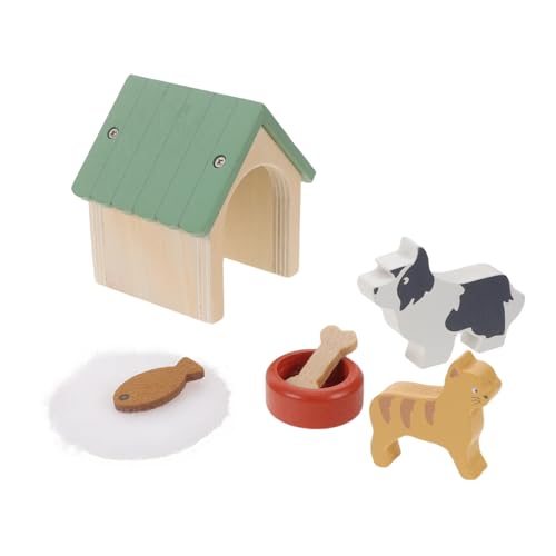 ZUNOXAZ 木製ミニドッグハウス ペットフィギュア付き 格的なミニチュア犬小屋 模型 用おままごと遊び 木製装飾 インテリア用