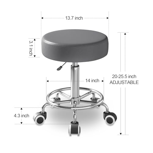Image of Rolling Stool, Heavy Weight Capacity 250lb, PU Leather Rolling stools, Ultra Soft Padded Seat, Rolling Stools with Wheels and Footrest, 360 Swivel, Spa Drawing Salon Work Office Tattoo Stool (Grey)