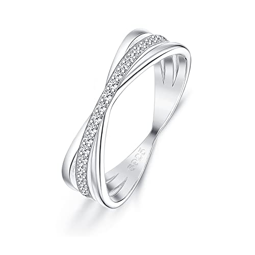 X Rings 925 Sterling Silve Ring for Women Dainty Cubic Zirconia Simple Band Cross X Ring Valentine Wedding Band Stackable Promise Ring Size 5-9