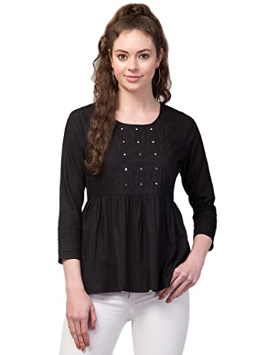 Image of FIMS - Fashion is my style Women Cotton Pleated & Gathered Embroidery Stone Full Sleeves Top Regular Fit Round Neck Tops for Girls