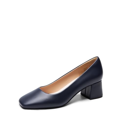 DREAM PAIRS Women's Low Chunky Heels Square Toe Pumps Comfortable Slip On Dress Shoes Wedding Party Office Shoes 6.5 Navy-pu