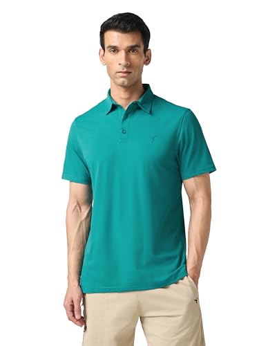 Image of TECHNOSPORT Men's Solid Slim Fit Polo Collar T-Shirt COTFLEX Half Sleeve Button Polyester for Gym Running Workout UPF50+ Anti Odour