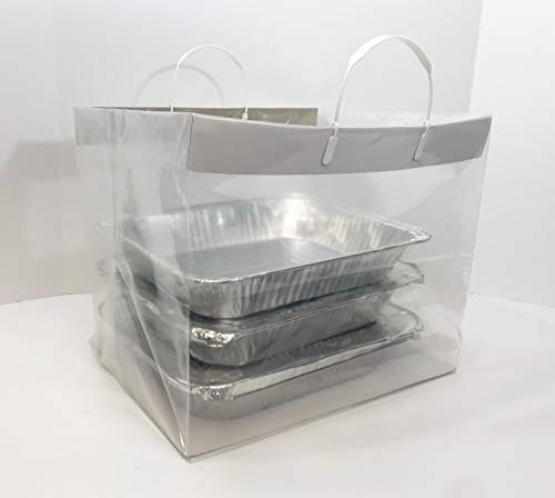 ZT Packaging Take Out Bag 14 x 11.5 x 12 x 11.5; 100Pcs Extra Heavy Duty Half Tray Catering Clear Bag Rigid Loop Handle Reinforced Cardboard Top and Bottom