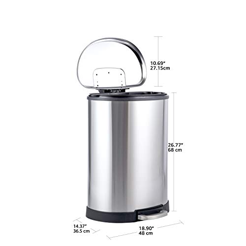 Amazon Basics 50 Liter / 13.2 Gallon Soft-Close Trash Can with Foot Pedal - D-Shaped, Stainless Steel