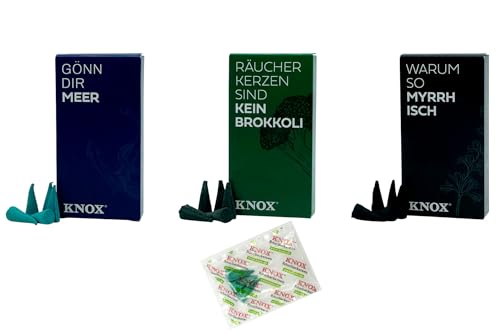 KNOX Juego de 3 conos de incienso Young KNOX – Set completo – Aromas: mar + mirra + cannabis – Cantidad: 72 incluye 3 conos de incienso como muestras de brisa marina – Fabricado en Alemania