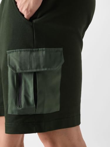 Image of The Souled Store Dark Olive Men Regular Fit Solid Cotton and Polyester Utility Shorts