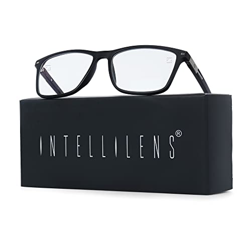 Image of Intellilens Zeiss Zero Power Blue Cut Computer Glasses | Anti Glare, Lightweight & Blocks Harmful Rays | UV Protection Specs | For Men & Women | Black | Wayfarer | Medium