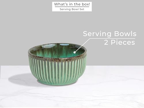 Image of Bodhi House Ceramic Deep Serving Bowls Set of 2 | 800ml Multipurpose Bowls for Ramen, Salad, Cereal, Snacks & More | Microwave Safe | Turquoise Green | Stylish Dining & Gifting Choice