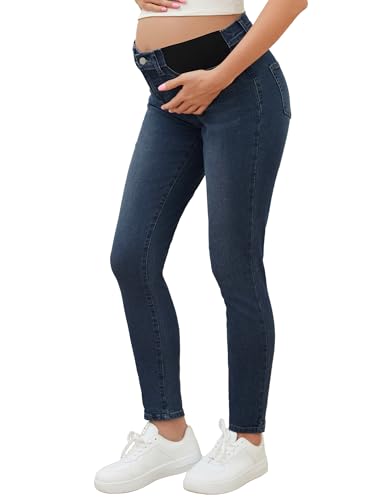 AMPOSH Women's Maternity Skinny Jeans Mid-Rise Stretchy Denim Pants for Pregnancy and Postpartum(Dark Indigo, L)