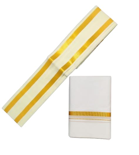 Image of 2 Meters Men's Silk cotton Zari Big Border Dhoti /lungi /vesti with Angavastram /gamcha towel /white RJ1
