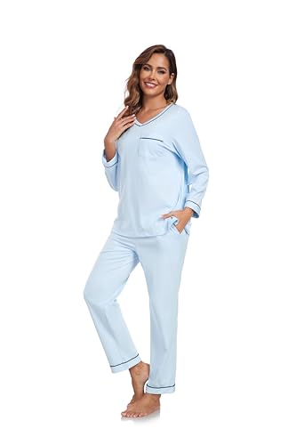 Image of COLORFULLEAF 100% Cotton Pajama Set for Women Long Sleeve Sleepwear with Pants Soft Comfy Two-Piece Pjs with Pockets