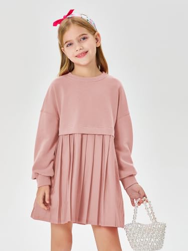 Batermoon Girls Pleated Sweatshirt Dresses Kids Fashion Long Sleeve Crew Neck Mini Dress 5-14 Years3
