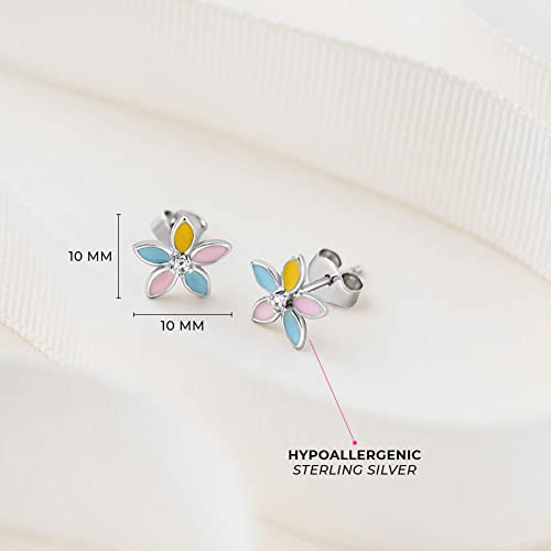 925 Sterling Silver Clear Cubic Zirconia Multicolor Flower-Shaped Stud Earrings For Girls- Fun & Colorful Stud Earrings For Toddlers, Little Girls & Young Teens Safe For Sensitive Ears4