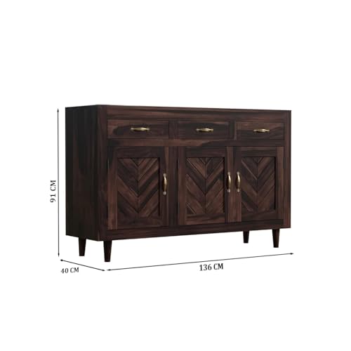 Image of Solid Sheesham Wood Sideboard Cabinet Storage with 3 Door & 3 Drawer Wooden Storage Organizer Cabinet for Home Kitchen Living Room Bedroom Hallway Dinning | Walnut Finish | Pre-Assembled
