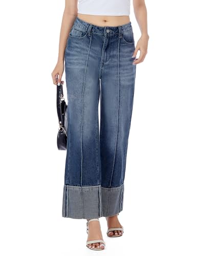 Ladyful Womens Straight Leg Cuffed Jeans High Waisted Boyfriend Wide Leg Denim Pant Trouser Trendy Outfit3