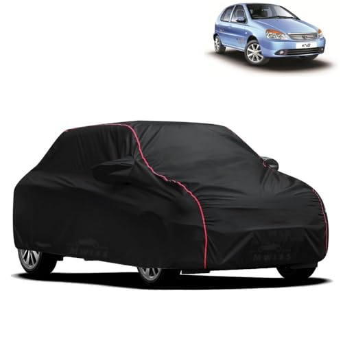Image of Waterproof Car Cover for Tata Indigo | All-Weather Protection, Dustproof & UV Resistant | Triple Stitched Mirror Pockets, Windproof Buckle Strap with Elastic Hem, Black-Red Piping