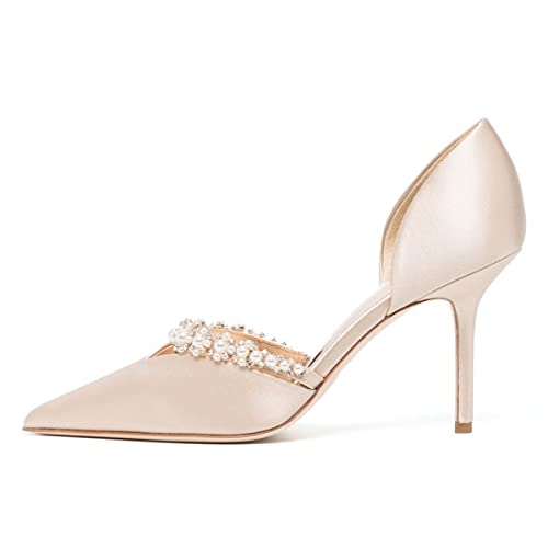 FSJ Women Closed Pointed Toe Stilettos Heels Dress Pumps D'Orsay Sparkly Rhinestones Pearls Slip On Bridal Wedding Evening Party Shoes Size 4-15 US2