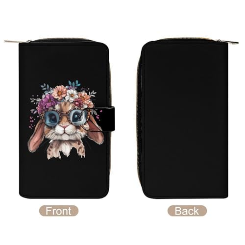 Bunny Leopard Glasses with Flower Crrown Womens PU Leather Wallet Long Purse Clutch Organizer for Office Travel3