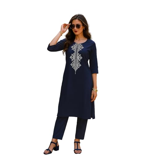 Image of SHIENZY Women's Cotton Blend Emroidered Kurta Pant Set | Ethnic Wear for Festive & Casual | Stylish Straight Fit | Elegant Indian Outfit (1662)