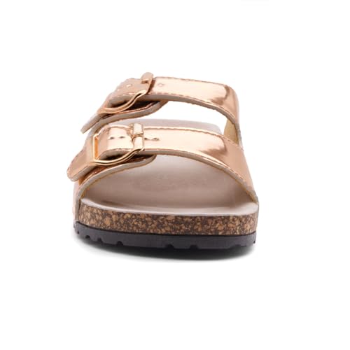 Image of Herstyle Womens Cork Footbed Slides for Women, Double Strap Flat Sandals, Adjustable Buckle Comfort Slip On Shoes, Summer Beach Casual Walking Slippers